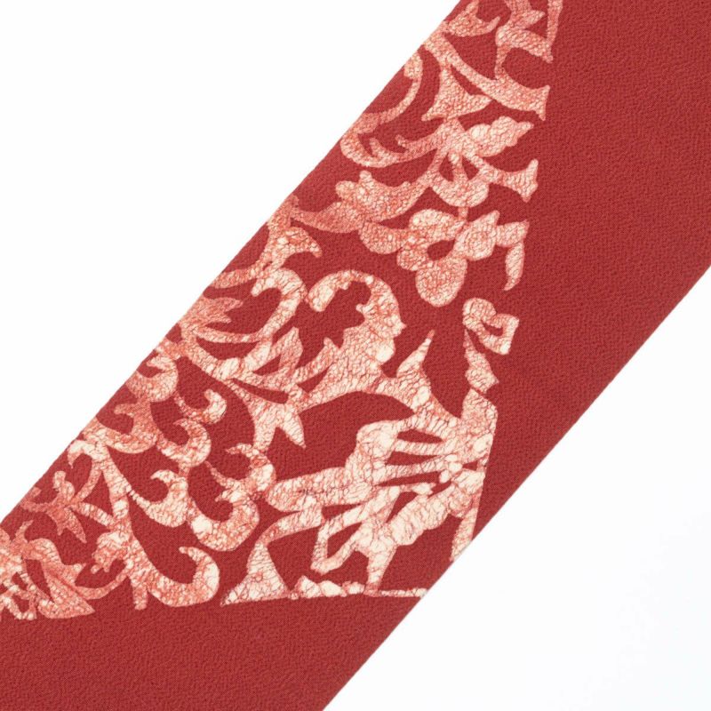 名古屋帯 縮緬 臈纈染め 抽象 モダン 植物柄 赤 九寸 正絹 リサイクル 