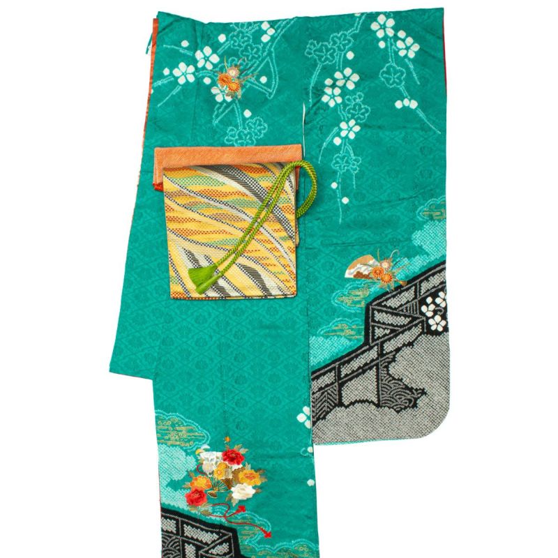 振袖フルセット(7点)・古典柄・絞り・エンボス加工・鹿の子・束ね熨斗・正絹 振袖フルセット(7点)・総絞り・京都きもの友禅・エンボス加工