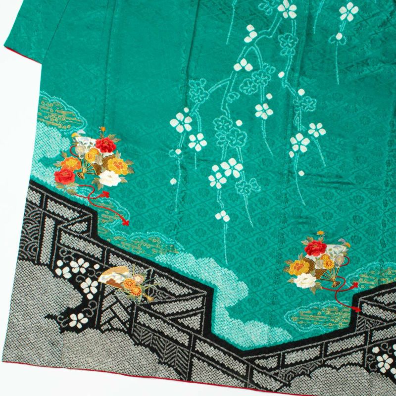 414 振袖フルセット 正絹 黄緑 グリーン 総絞り 駒刺繍 未使用 松 レトロ 安心×コスパ◎な中古振袖フルセット】振り袖 刺繍 優美な御所解